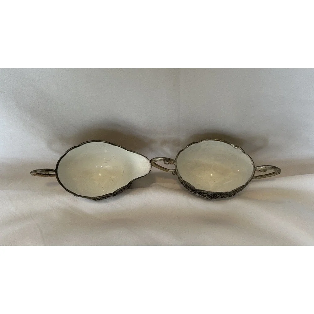 Vintage Silver Plated Sugar And Creamer Set With‎ Inner Ceramic Coating Decor